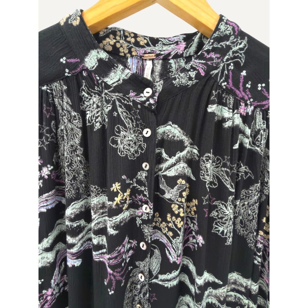 Free People Tunic Black Metallic Blooms Printed Dolman Top Boho Whimsigoth Indie - Picture 5 of 13